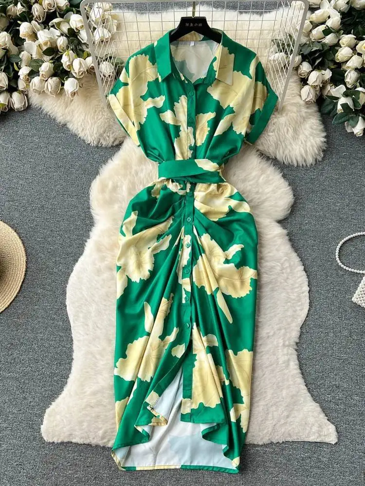 Abito estivo stampato retrò Abito da donna con risvolto monopetto floreale Abiti da donna a pieghe a vita alta Elegante abito lungo da ufficio