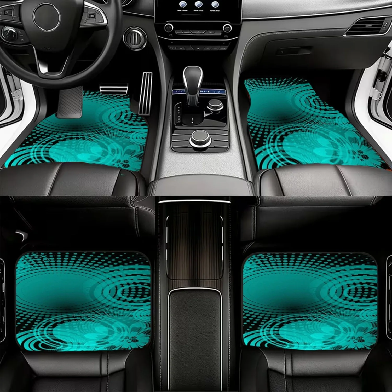 4pcs Car Floor Mats, Teal Black Abstract Pattern, Modern Decorative Style, Material, Dynamic Swirling Design, For Car Interior U