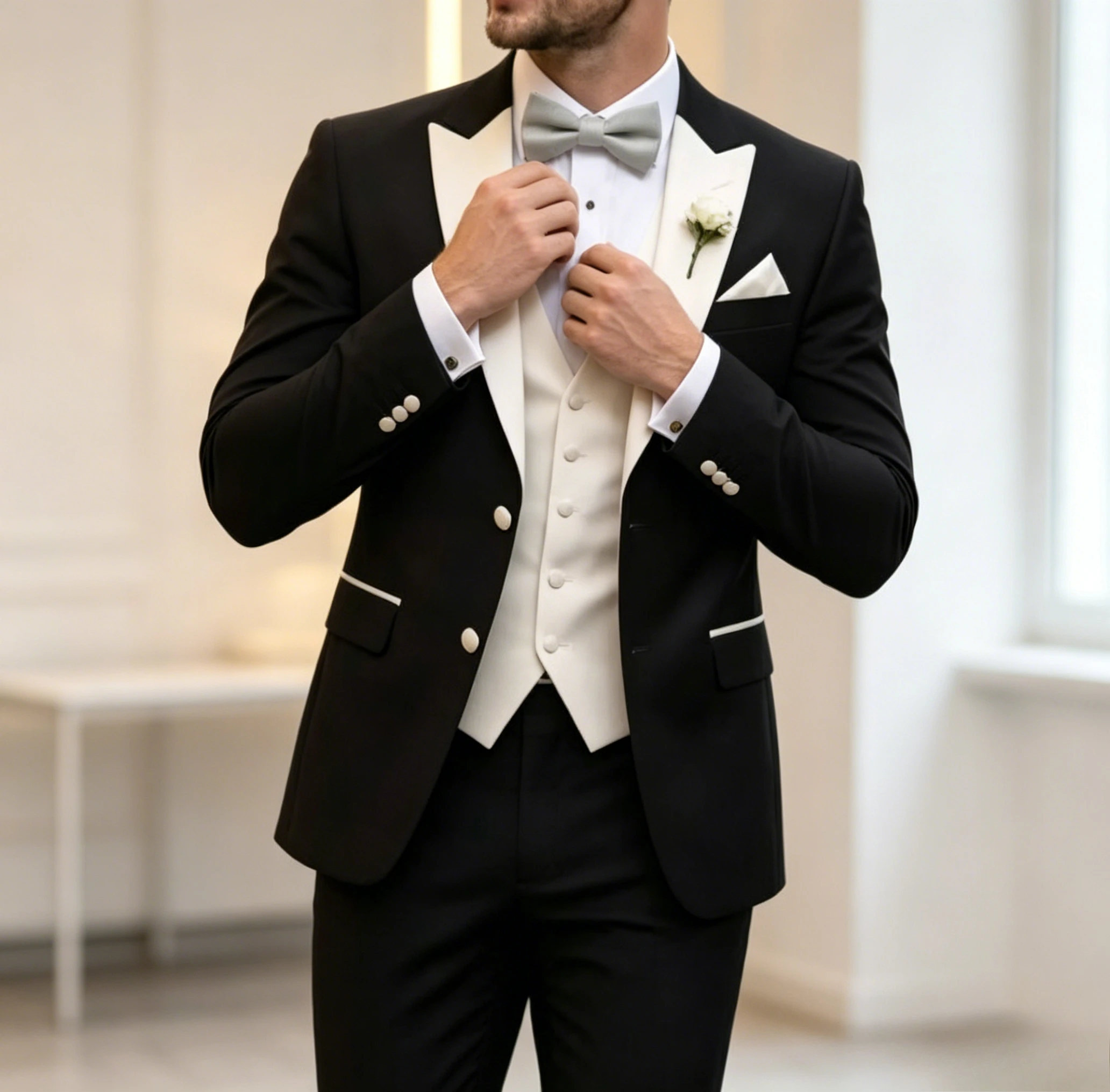 Slim Fit 3 Piece Men Wedding Tuxedo Black White Contrast Lapel Formal Groom Blazer Vest Pants Suit For Prom Dinner