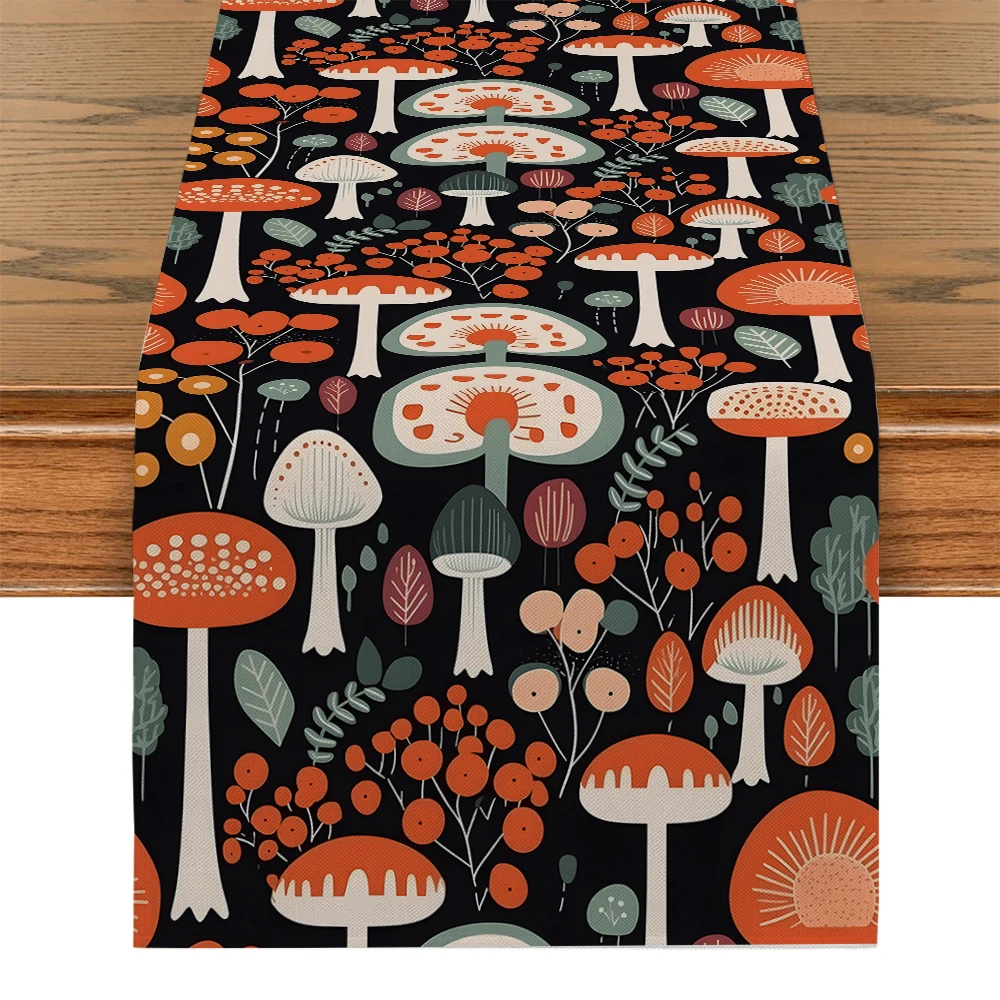 

Mushroom Flower Leaf Doodle Table Runners Dresser Decor for Kitchen Holiday Party Table Runner Washable Dining Long Cloth