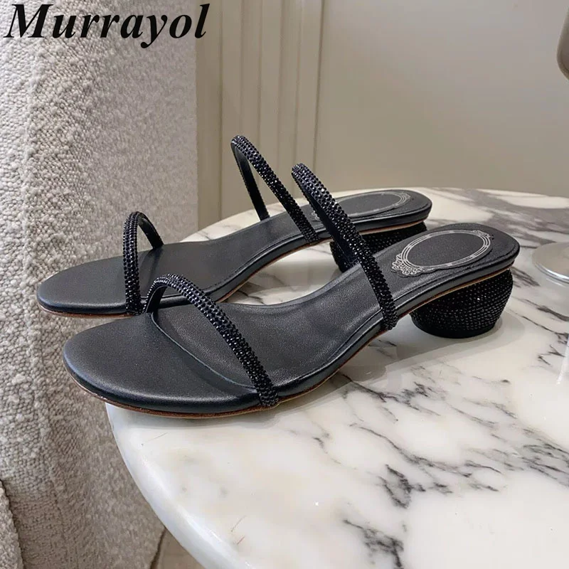Slippers Women Bling Rhinestone Decor Chunky High Heels Sandals Summer Narrow Band Sandalias Mujer Sexy Party Banquet Shoes 2026