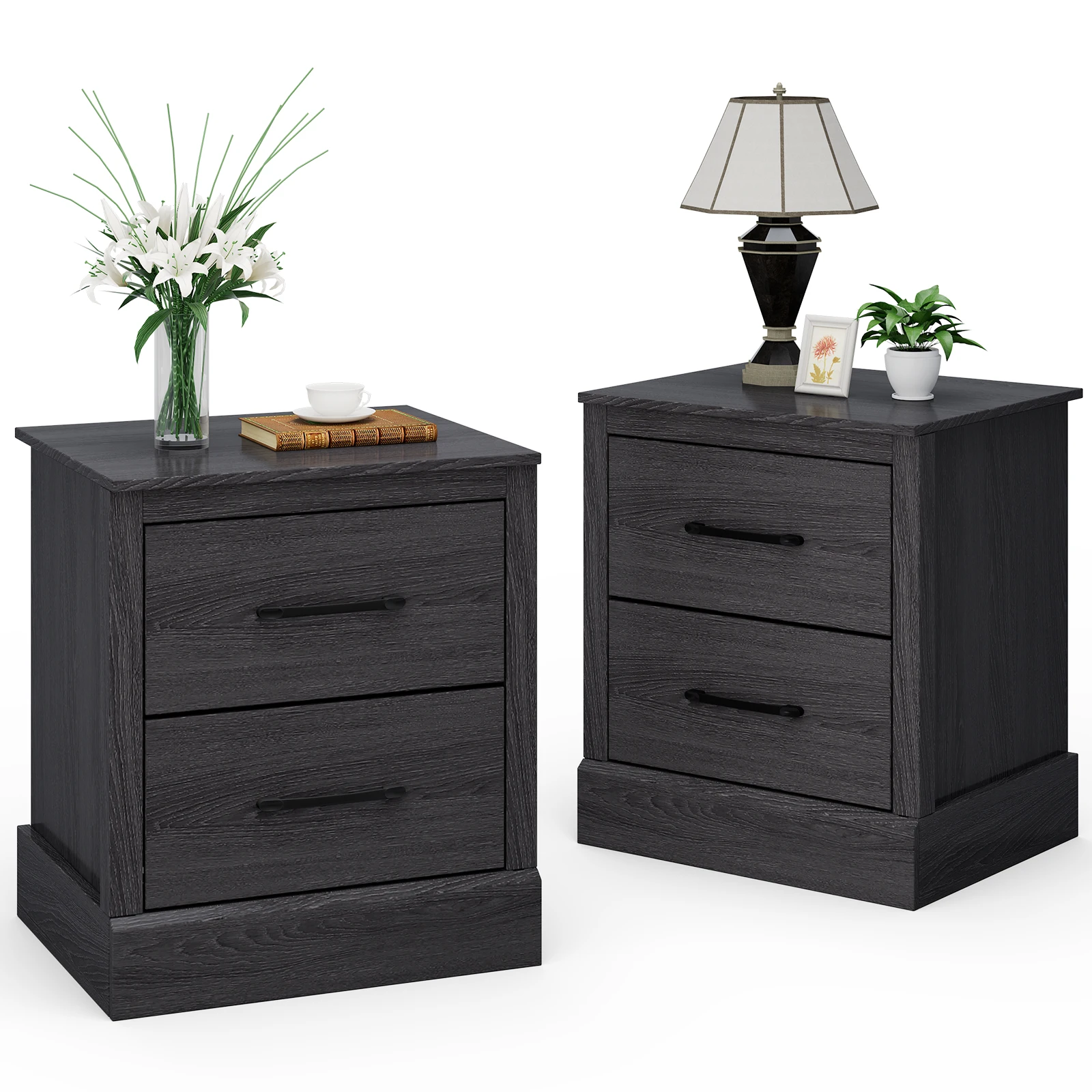 2 PCS 2 Drawer Nightstand Bedside Table Compact Sofa End Table Dark Grey Oak