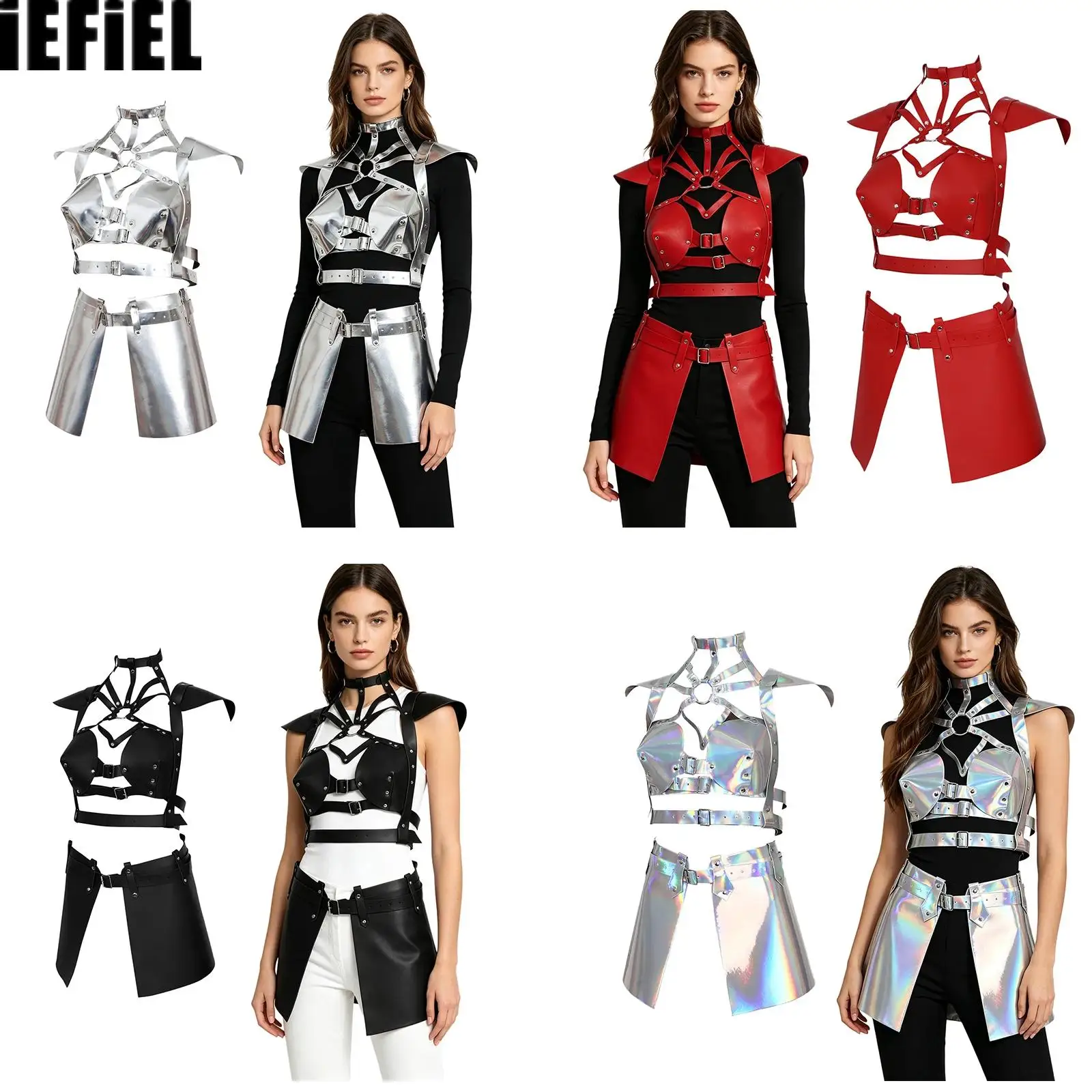 

2Pcs Women Punk PU Leather Body Adjustable Suspender Leather Harness Top with Skirt for Halloween Party Cosplay Clubwear