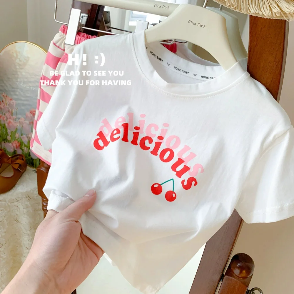 Cute Baby Girls Clothes Sets Summer Korean Style Cherry Letters Print Kids Girl T-shirts+Striped Shorts 2Pcs Children Clothing