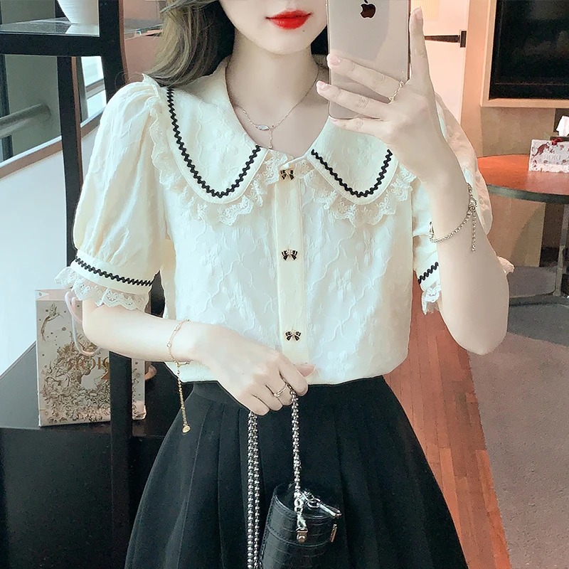 Zomer Korte Mouw Pop Kraag Vrouwen Shirt Office Lady Chiffon Shirt Blouse Vrouwen Tops Blusas Mujer De Moda 2024 Verano A278