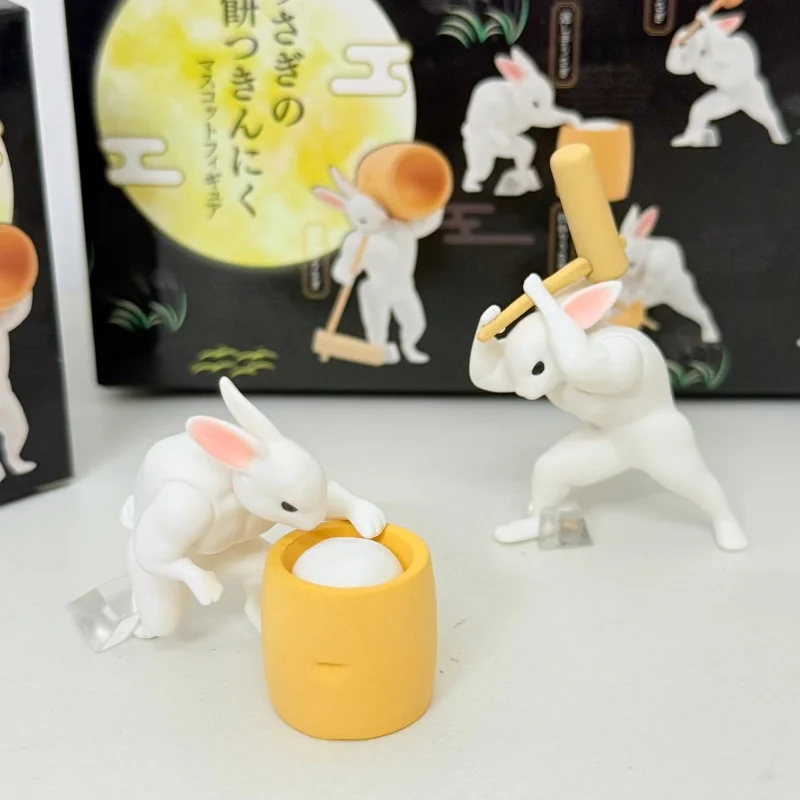 Coelho fazendo bolo de arroz caixa cega muscular coelho figura brinquedo ornamento surpresa caixa mistério presentes
