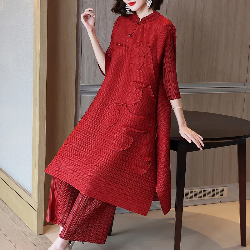 2024 Fashion Pleated 2 Pieces Set Women Stand Long Dresses High Waist Pants Solid Color Sets 2023 Autumn New Clothing Round Neck