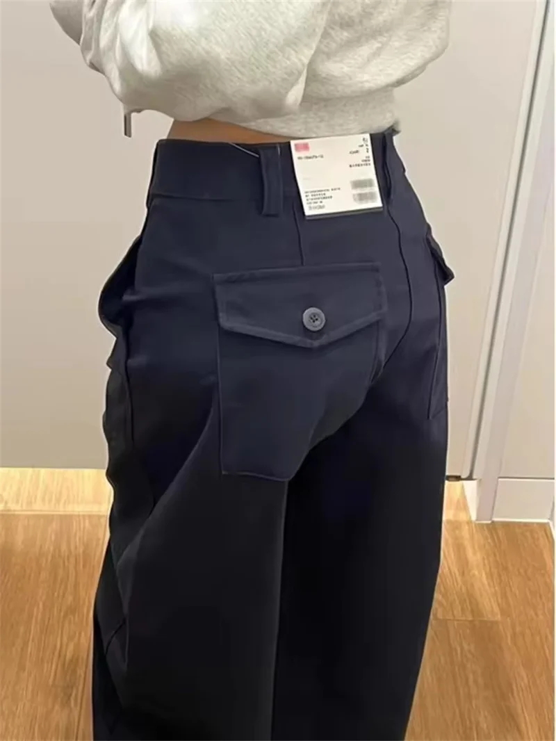 Retro American Curved Knife Navy Blue Wide Leg Straight Jeans Women Spring Autumn Casual High Waist Trousers  Loose Casual Pants