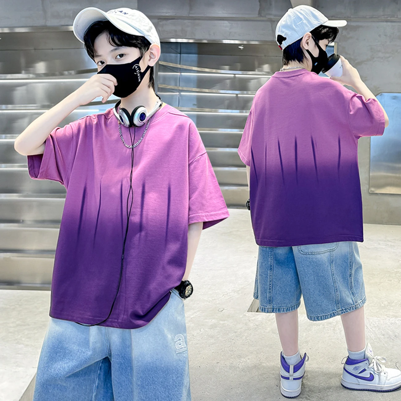 Boys Teen Short Sleeve Gradient T-Shirt Thin Summer Casual Loose Fit Children's Wear Breathable round Neck Pullover for Kids