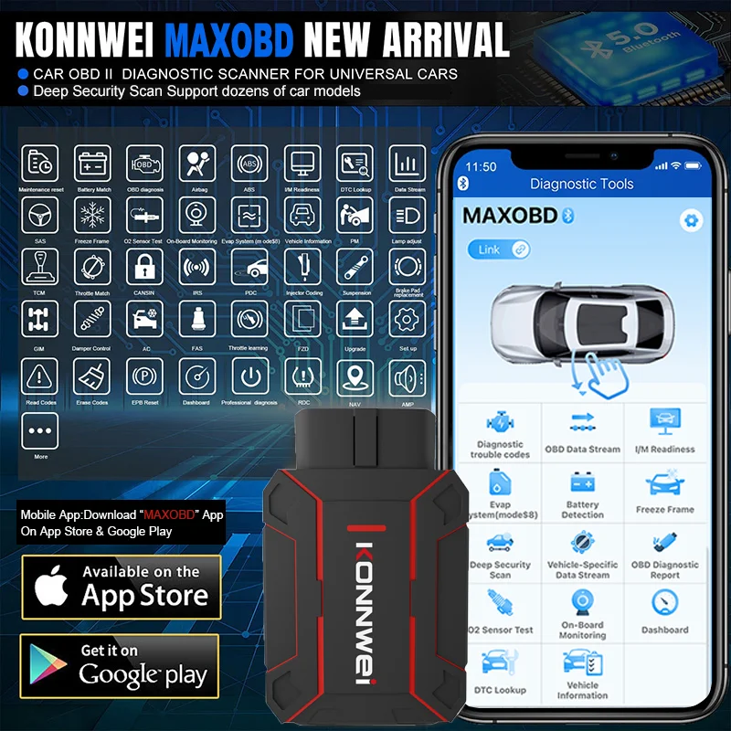 

Новейшие продукты Автомобильный всесистемный сканер KONNWEI MAXOBD Bluetooth 5.0 для Android и Ios как с бесплатным приложением MAXOBD на мобильных устройстве