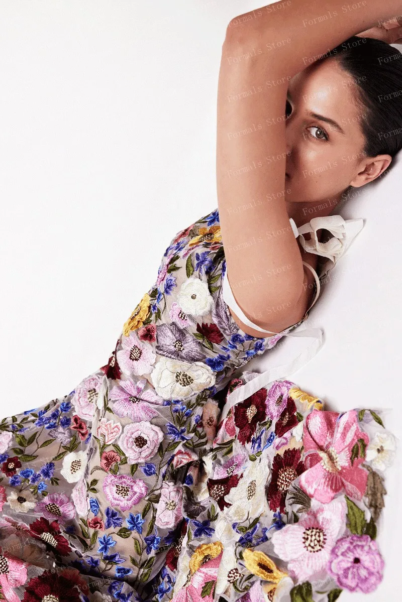 Vestido de flores bordadas con cuello redondo para mujer, vestidos de noche largos hasta el tobillo, ropa colorida para mujer, línea A sin mangas, hecho a medida