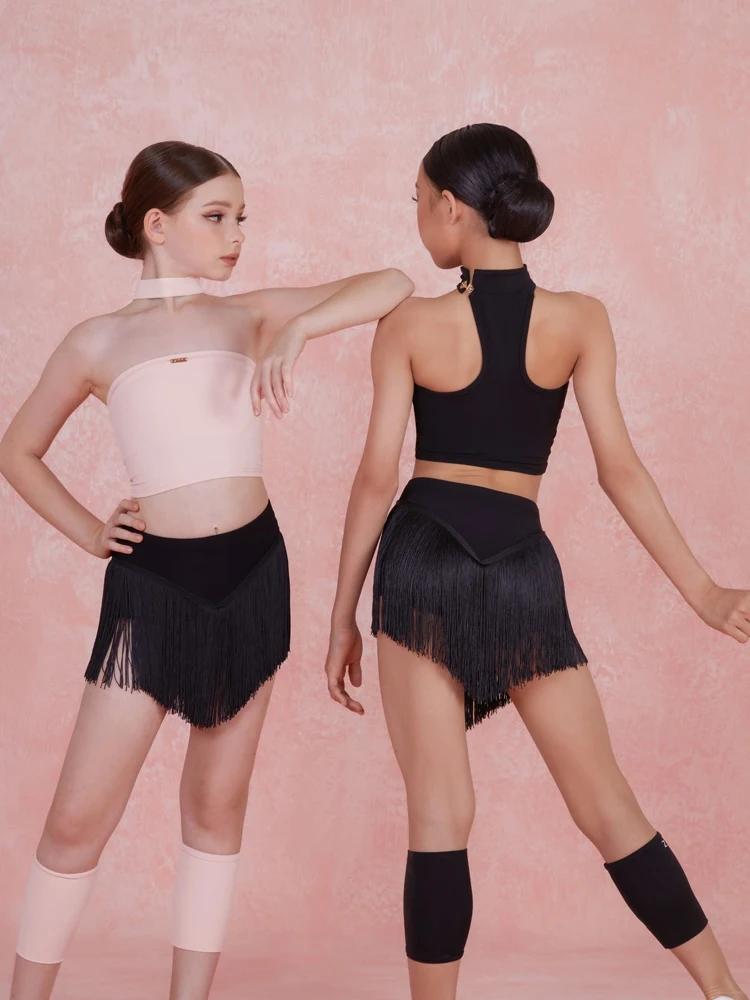 Kinderen Latin Dance Rokken Voor Meisjes Zwarte Kwasten Rokken Chacha Rumba Tango Jurk Kids Latin Prestaties Kleding DQS15475