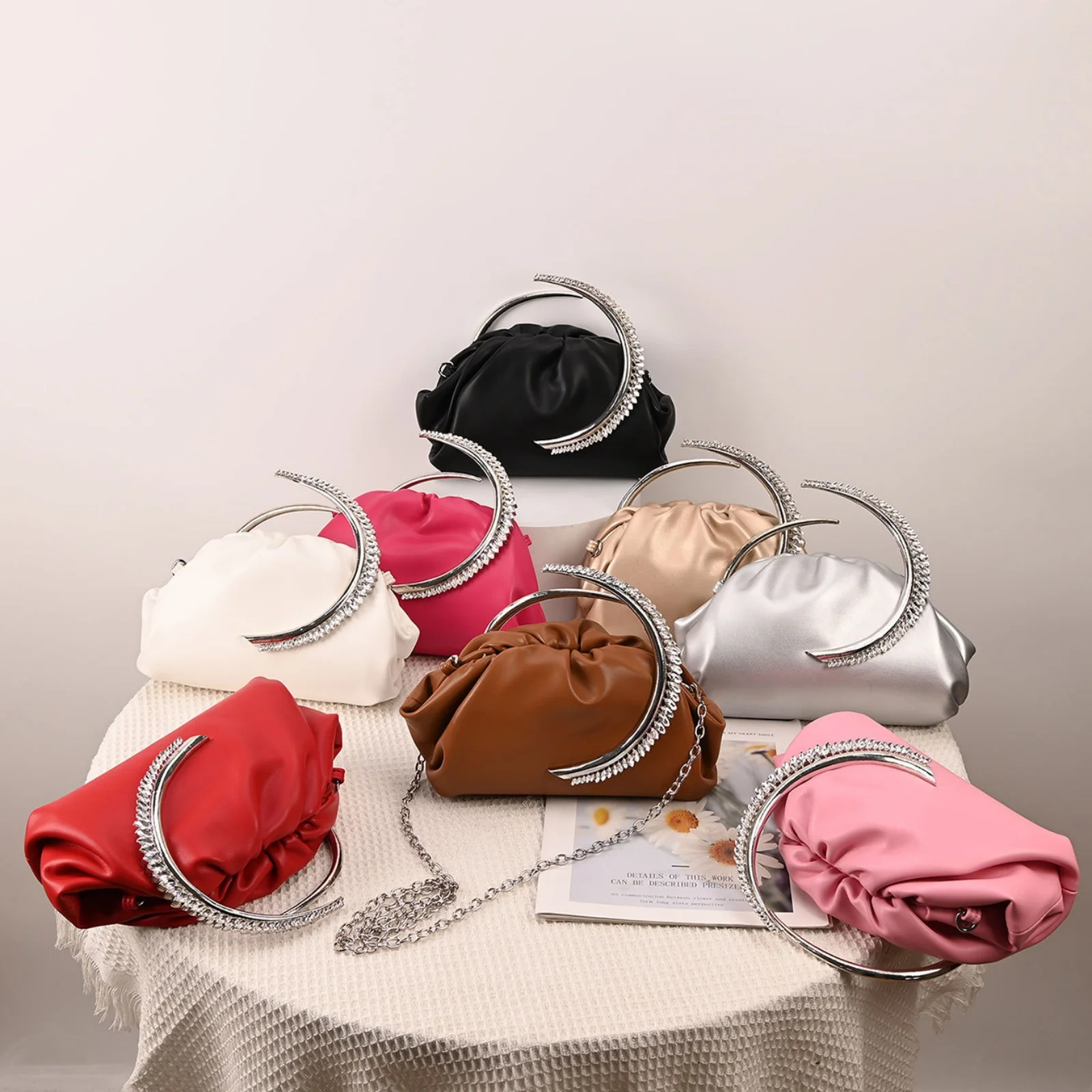 2026 Ladies Luxury Ruched Dumpling Evening Bag Rhinestone Moon Shape Handle Handbag Chain Strap Crossbody Purse for Prom Party