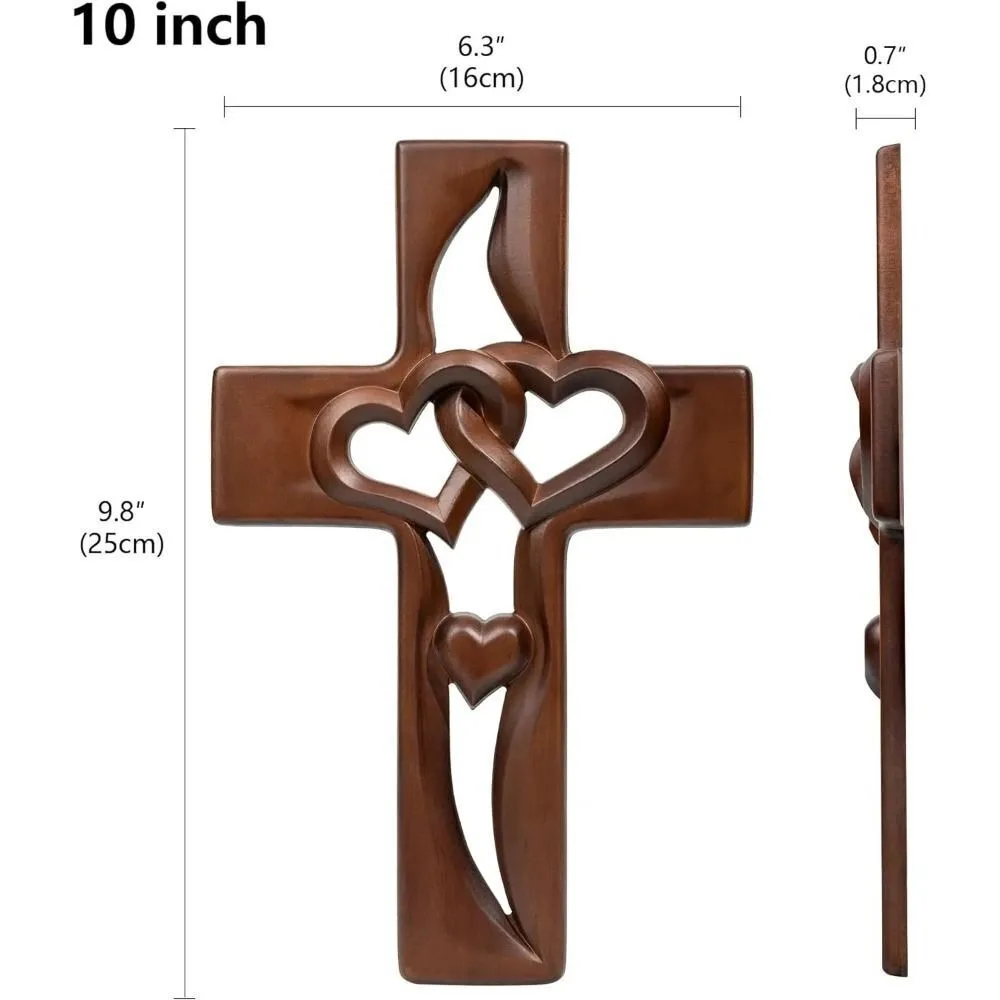 Solid Wood Intertwined Heart Wooden Cross Handmade Wooden Carved Wedding Memorial Gift Loveheart Cross Pendant