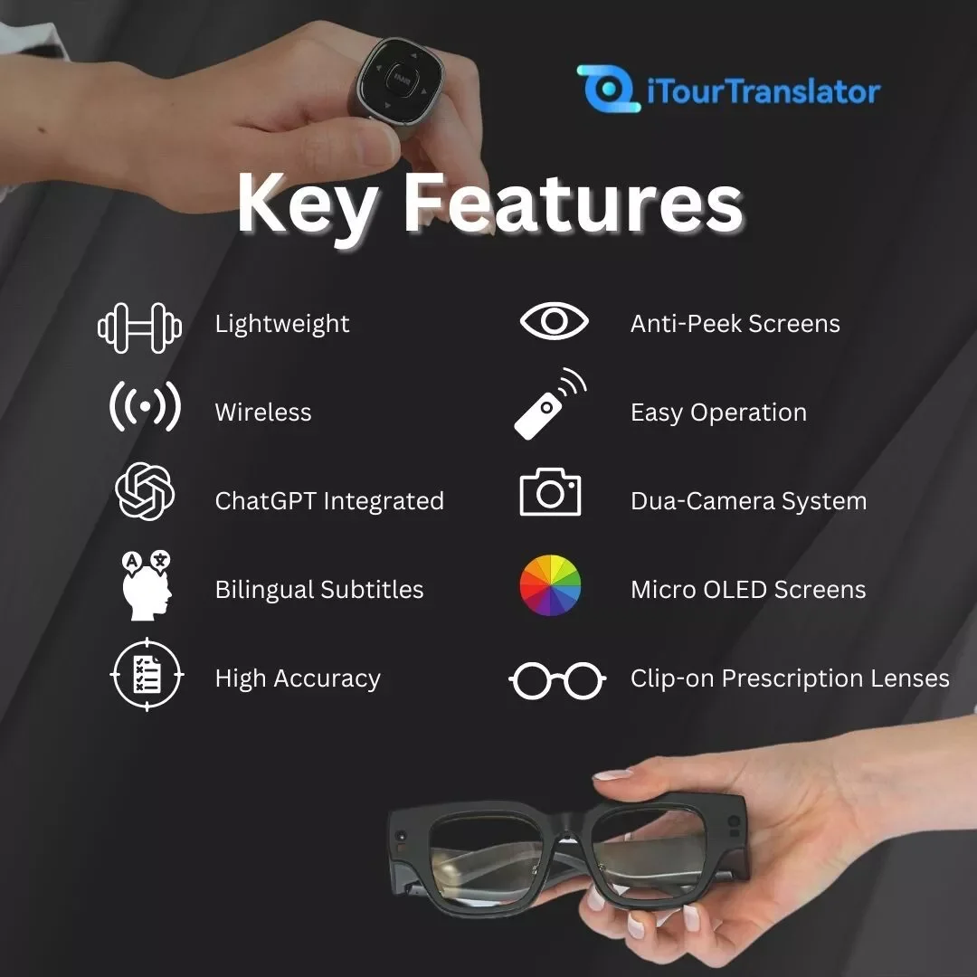 Itran tradutor ar óculos câmera voz chatgpt bluetooth viagem inteligente display oled em tempo real tradutor de idiomas teleprompter