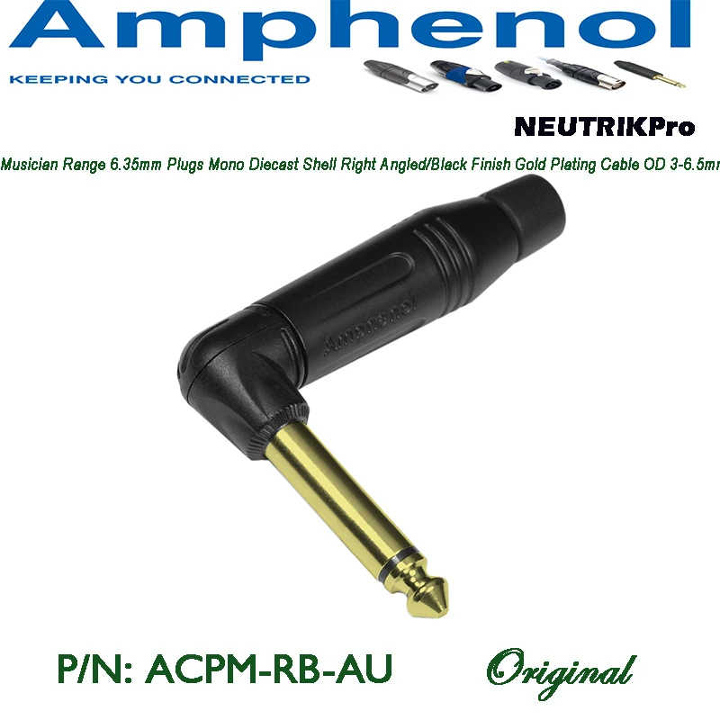 Amphenol Audio ACPM-RB-AU PLUG Mono Professional 2 Pole 6.35 mm 6.5mm Jack Plug Right Angled Black Finish Diecast Shell