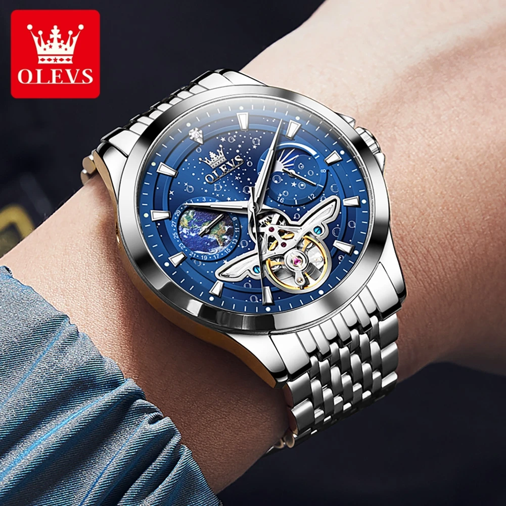 OLEVS Original Men's Watches Moon Phase Waterproof Luminous Fully Automatic Mechanical Watch Starry Sky Dial Hollow Out Design