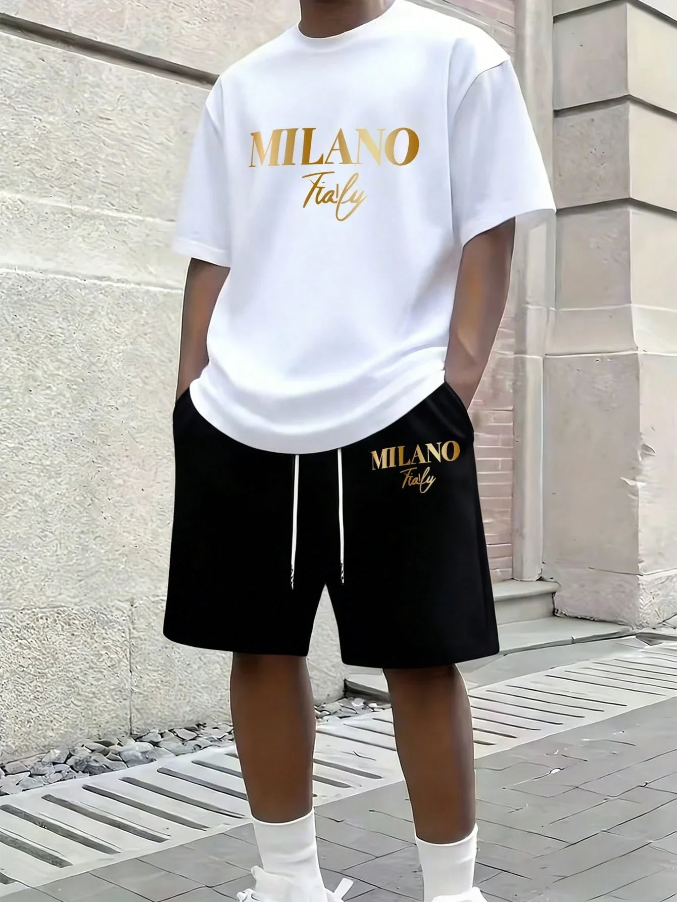 

Men's 2 Piece Set Cotton T-Shirt And Polyester Shorts With Milano Print Casual Summer Outfit