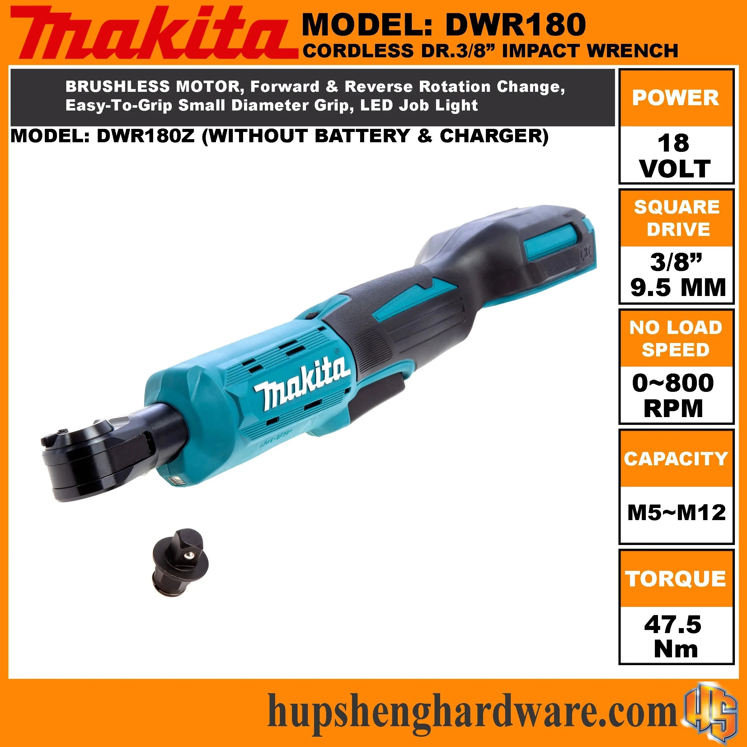 

Makita DWR180 18V Cordless Ratchet Wrench 47.5Nm 0-800RPM 1/4 3/8 Drive with LED and Electric Brake for Tight Space Work