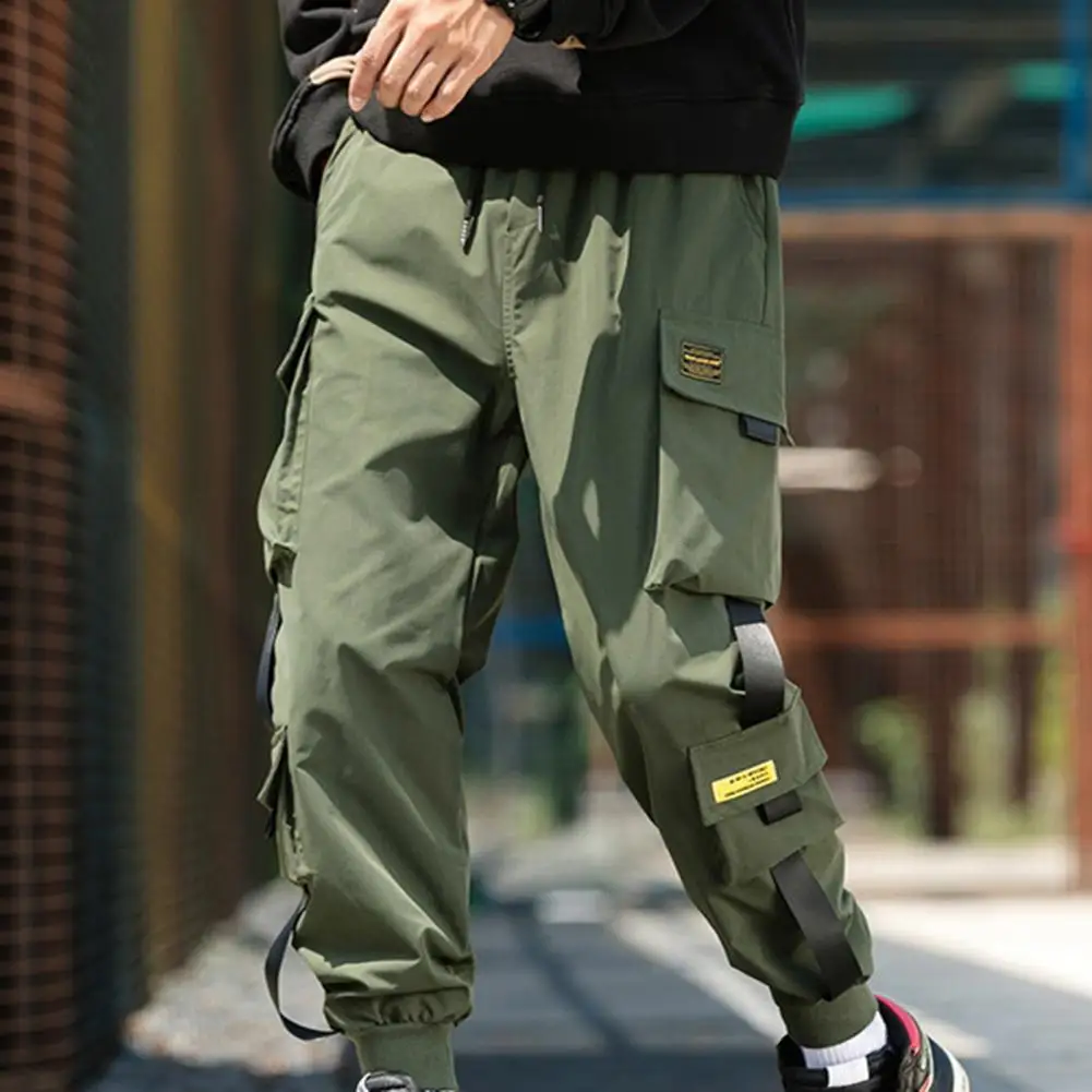 Korean High Street Work Pants Flap Pocket Drawstring Waist Cargo Pants Deep Crotch Strap Decor Summer Jogger Pants Sweatpants