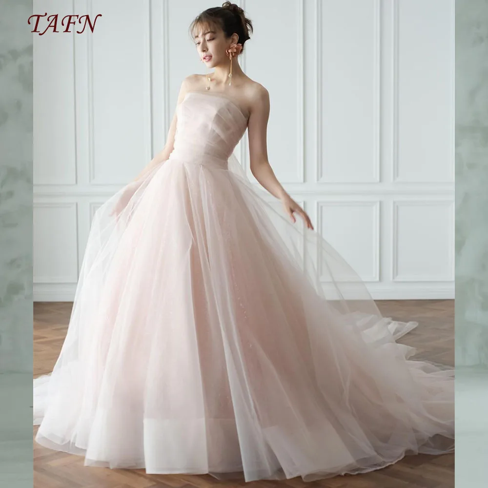 TAFN Luxury Pink ウェディングドレス Strapless A-line Sweep Train Wedding Dresses Tulle Ball Gown Photo Shoot Sleeveless Bridal Gown