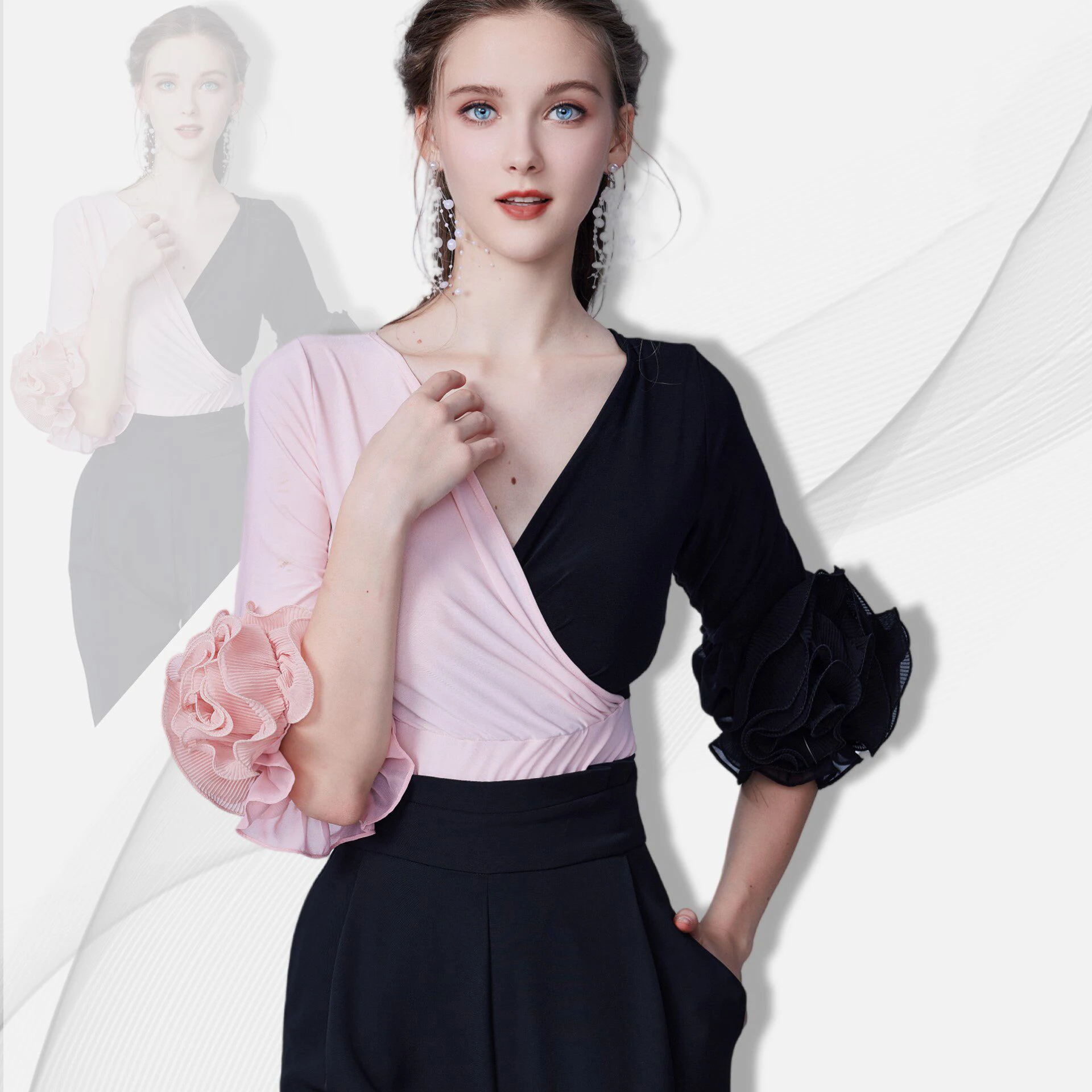 New Modern Ballroom Dance V-neck Tops Practice Clothes Samba Chacha Tango Dress Latin Dance Performance Costumes Wear DN23278