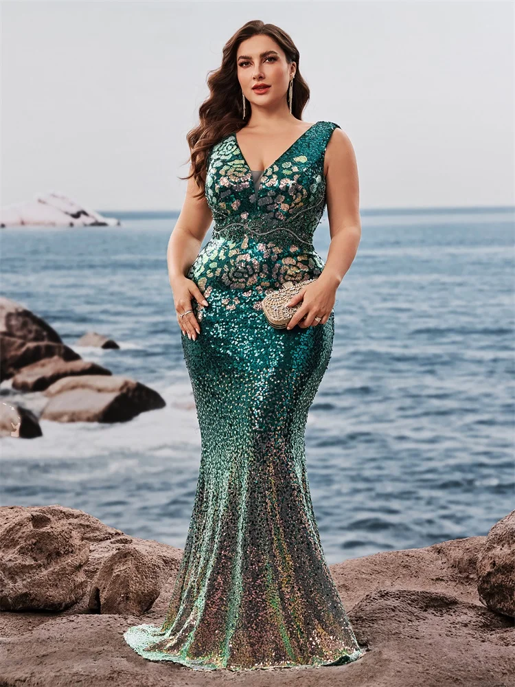 

XUIBOL Plus Size Elegant V-Neck Sequins Evening Dresses Long New Luxury Women Formal Mermaid Wedding Party Cocktail Gowns