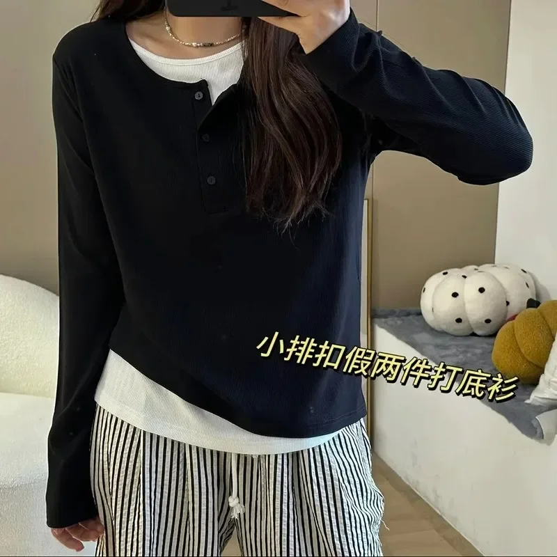 New Women Mock Two-piece T-shirts O-neck Single Breasted Long Sleeve Tops Women Spring Autumn Fashion Loose Casual Contrast Tees