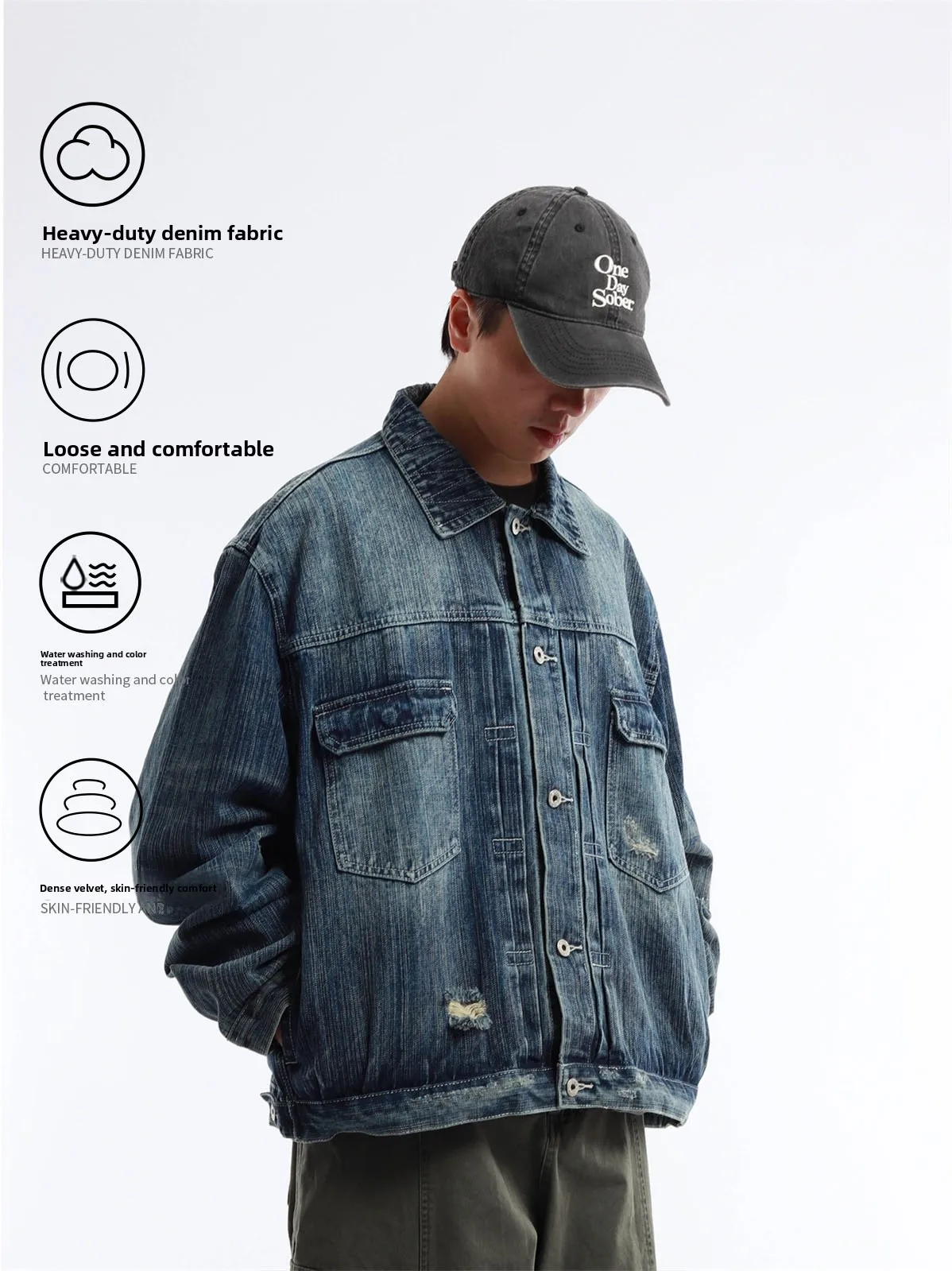 Japanese Style Pure Color Heavyweight Washed Faded Denim Jacket Men's Loose Fit Workwear Coat with Hole Flip Collar