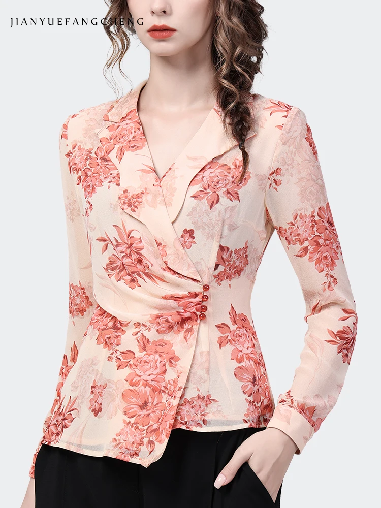 Fashion Suit Collar Floral Print Chiffon Blouse Women Long Sleeve Pink Button Shirt Spring Autumn Tops Elegant Vintage Clothing