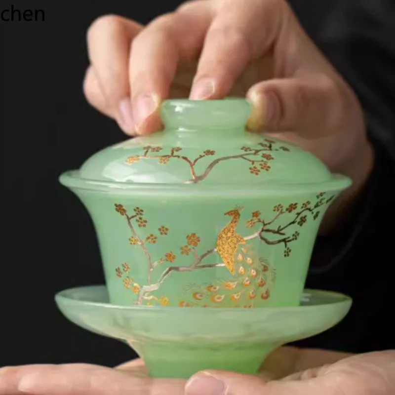 H1 ice glazed covered bowl tea cup portable travel bag kung fu tea set suit golden malachite green glazed classy gift