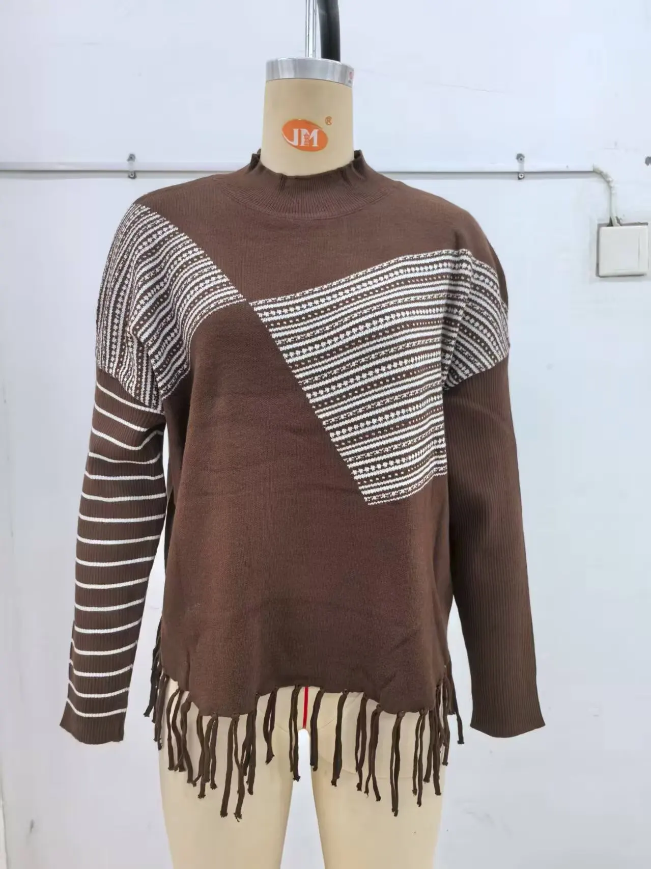 KONDALA 2025 Fashion Fall Knit Streetwear Women Sweaters Fashion Casual O-Neck Loose Striped Tassels Elegant Patchwork Sweaters