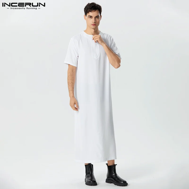 Men Vintage Short Sleeve Robes O-Neck Muslim Arabic Islamic Kaftan INCERUN 2024 Solid Robes Saudi Style Zipper Jubba Thobe S-5XL