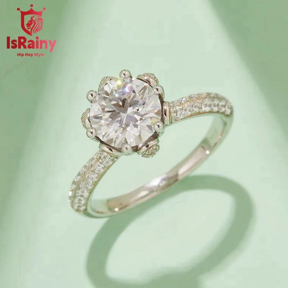 

IsRainy 925 Sterling Silver 8MM GRA Moissanite Ring Round Brilliant 4 Colors Diamond Wedding Engagement Women Fine Jewelry Gift