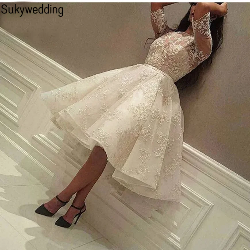 Chic White Lace Tulle Short Wedding Dress Cheap With Half Sleeves Applique Crew neck Country Garden Designer Wedding Gown