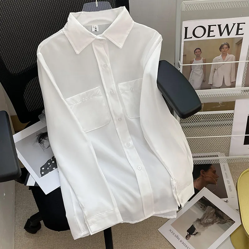 Women\'s Elegant Long Sleeve Office Blouse Formal White Shirt Pure Colour OL Work Wear Solid Blouse Fashion Ladies Clothes Tops