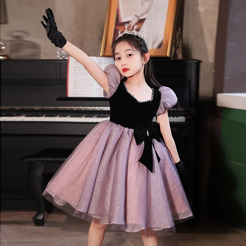 Girls Evening Dresses New 2025 Purple Flower Girl Wedding Birthday Short Square Neck Tutu Party Performance Dress Customized