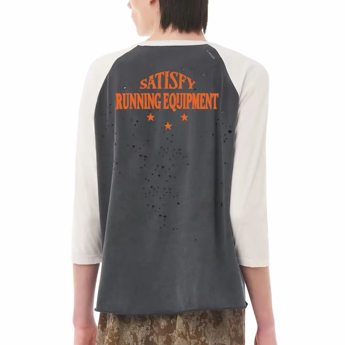 Satisfy tornado print old ripped shoulder sleeves long sleeve T-shirt