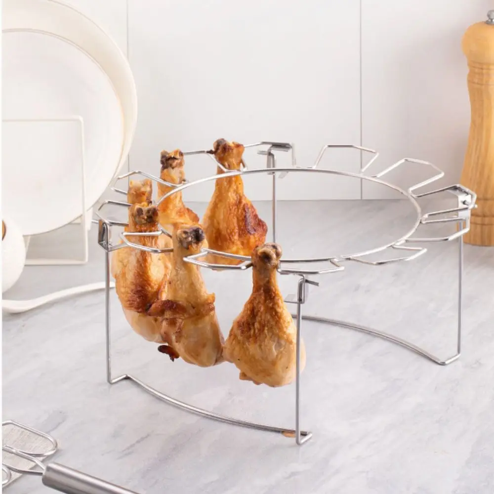 

Versatile Chicken Drumstick Stand with Drip Tray Foldable Chicken Leg Grilling Rack Heat Resistant Stainless Steel
