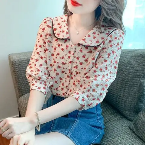 Cropped Sleeves Retro Floral เสื้อชีฟองผู้หญิงใหม่ตุ๊กตาคอหลวมและ Slim Temperament