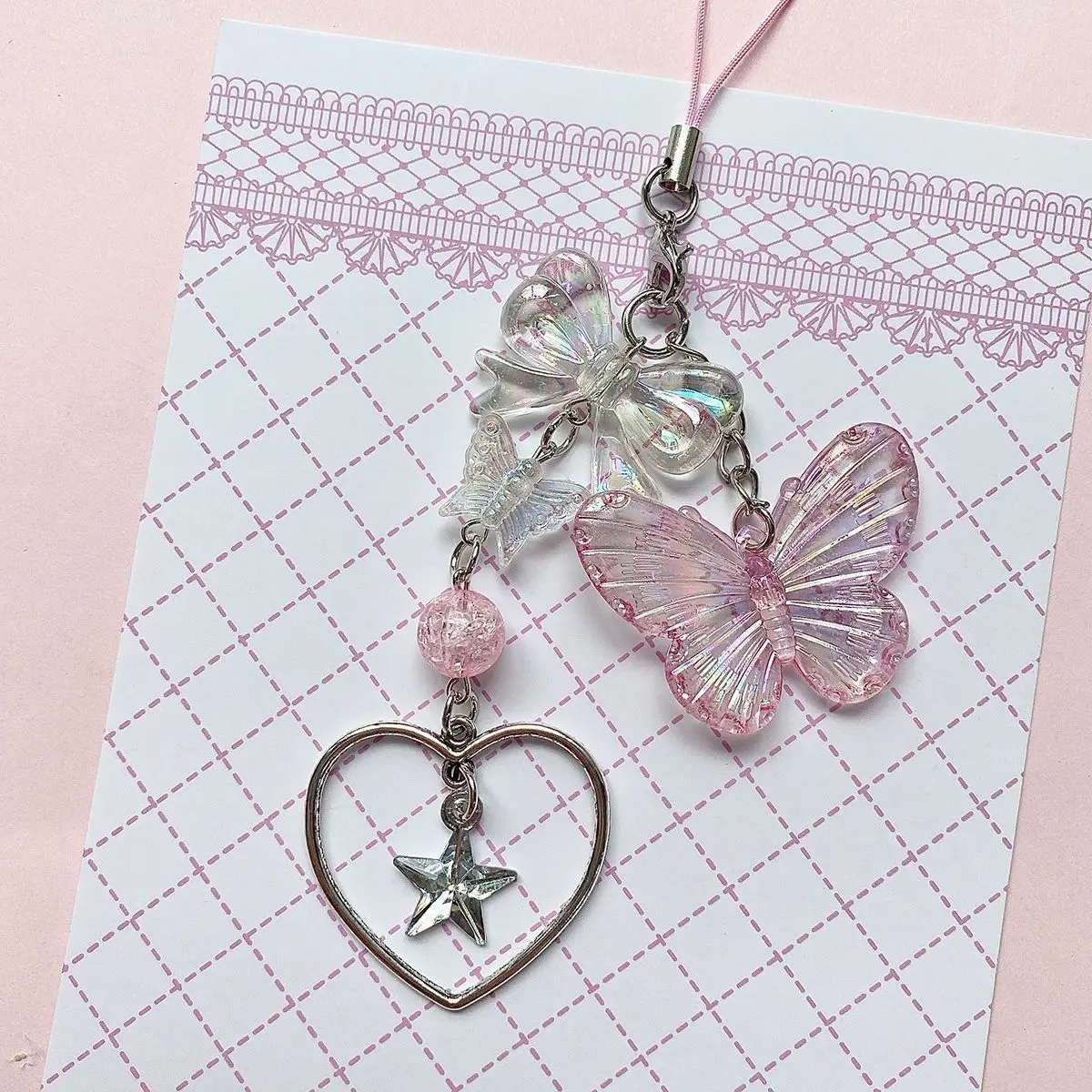 

Deco Y2K Phone Charm Black Silver Butterfly Heart Star Keychain Pendant Key Chain Bag Phone Chain Cute Accessory
