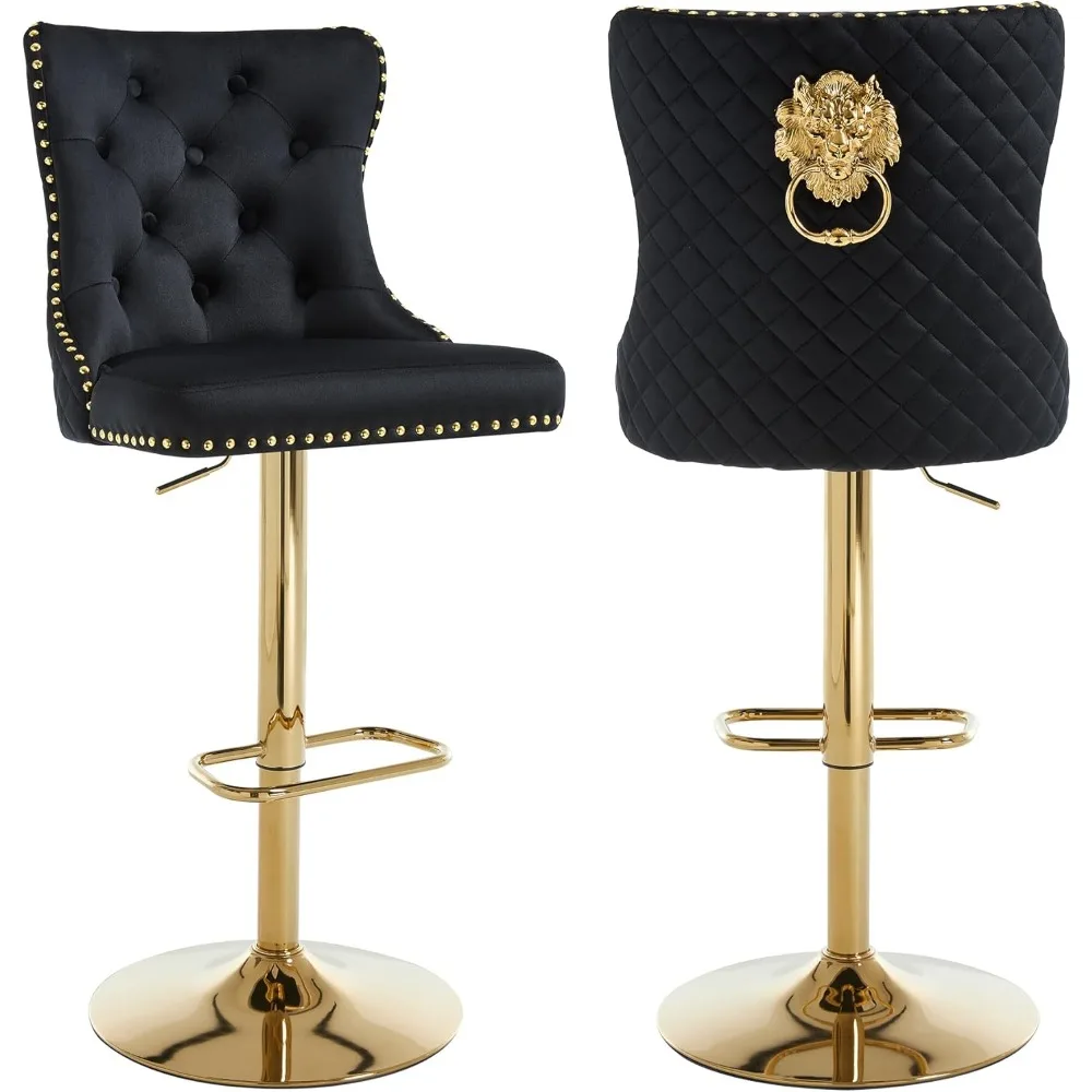 مجموعة مقاعد للبار ذهبية مكونة من 2، مقاعد بارتفاع بارتفاع شريط مخملي مع حلقة سحب أسد، مقاعد بارتفاع دوارة منجدة مع معنقدة عالية #1
