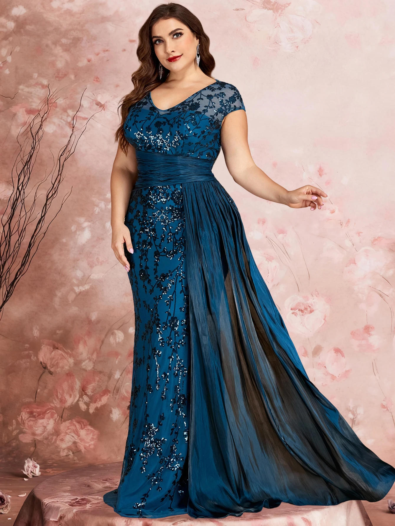 Vestidos de Noche Formales de Talla Grande con Mangas Casquillo Elegantes, Lentejuelas, Parches y Cintas, Vestidos de Fiesta de Lujo con Cuello en V y Largo hasta el Suelo
