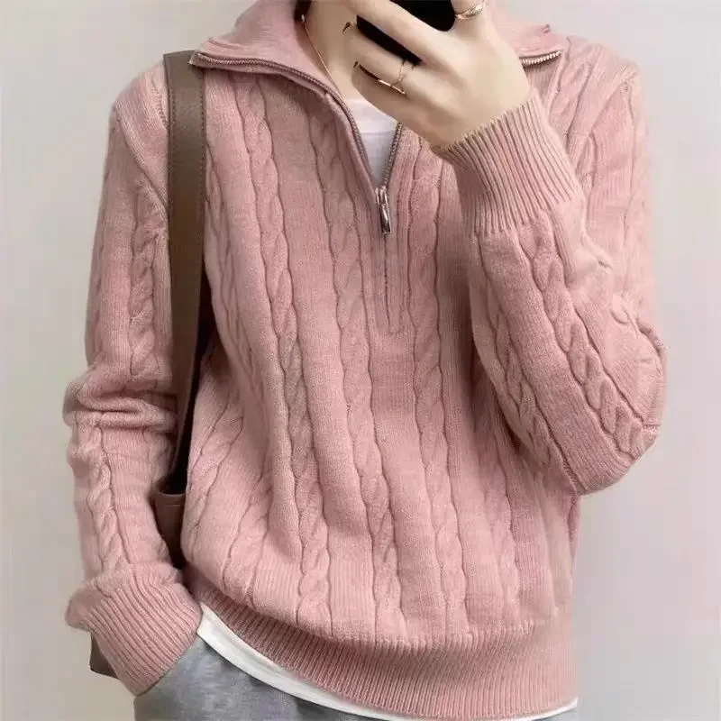 

Lapel Sweater Full Sleeve Flip Collar Slimming Effect Loose Casual Knitted Sweater Half Zipper Soft Lazy Style Pure Color