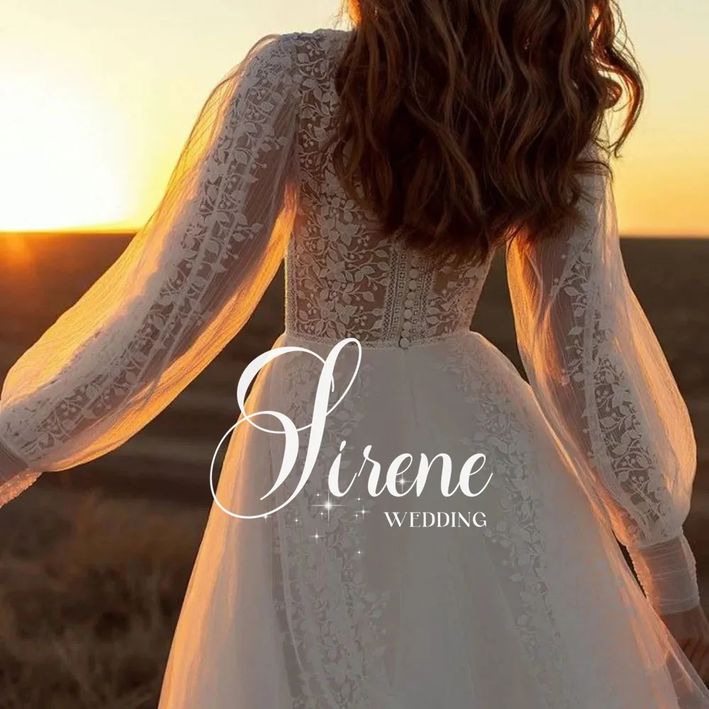 Sirene Appliques di pizzo scollo tondo maniche lunghe A sbuffo abiti da sposa Tulle A Line bottone posteriore abiti da sposa 2024 Vestido De Novia