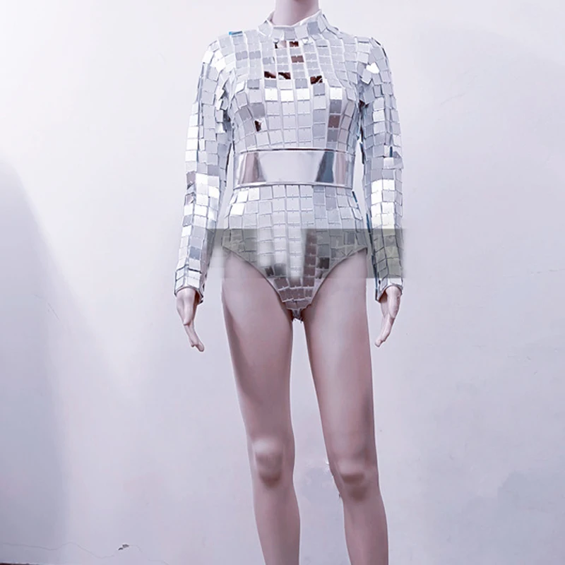 Bar Klub nocny DJ Scena Rave Strój Kostium Tancerki Gogo Kobiety Lustra Pole Dance Body Maska Złote Srebrne Okulary Ubrania XS10427