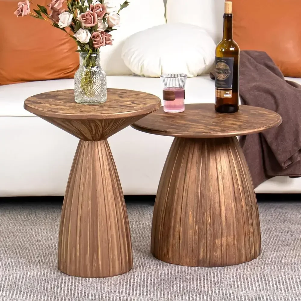 Weather-Resistant Metal Steel Patio Side Table Set, Outdoor Garden Deck Furniture, Wood-Tone Finish, No Assembly Needed