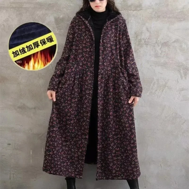 Add Velvet Thick Women\'s Trench Coat Autumn Winter Windbreaker Female 2023 New Cotton Hemp Flower Fragments Hooded Outerwear