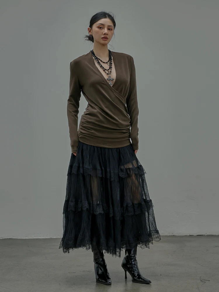 

Women's Knitted Copper Ammonia Fiber Long Sve T-irt Sexy Deep V Ne Folded Hem Bodycon Soft Comfortable Breathable