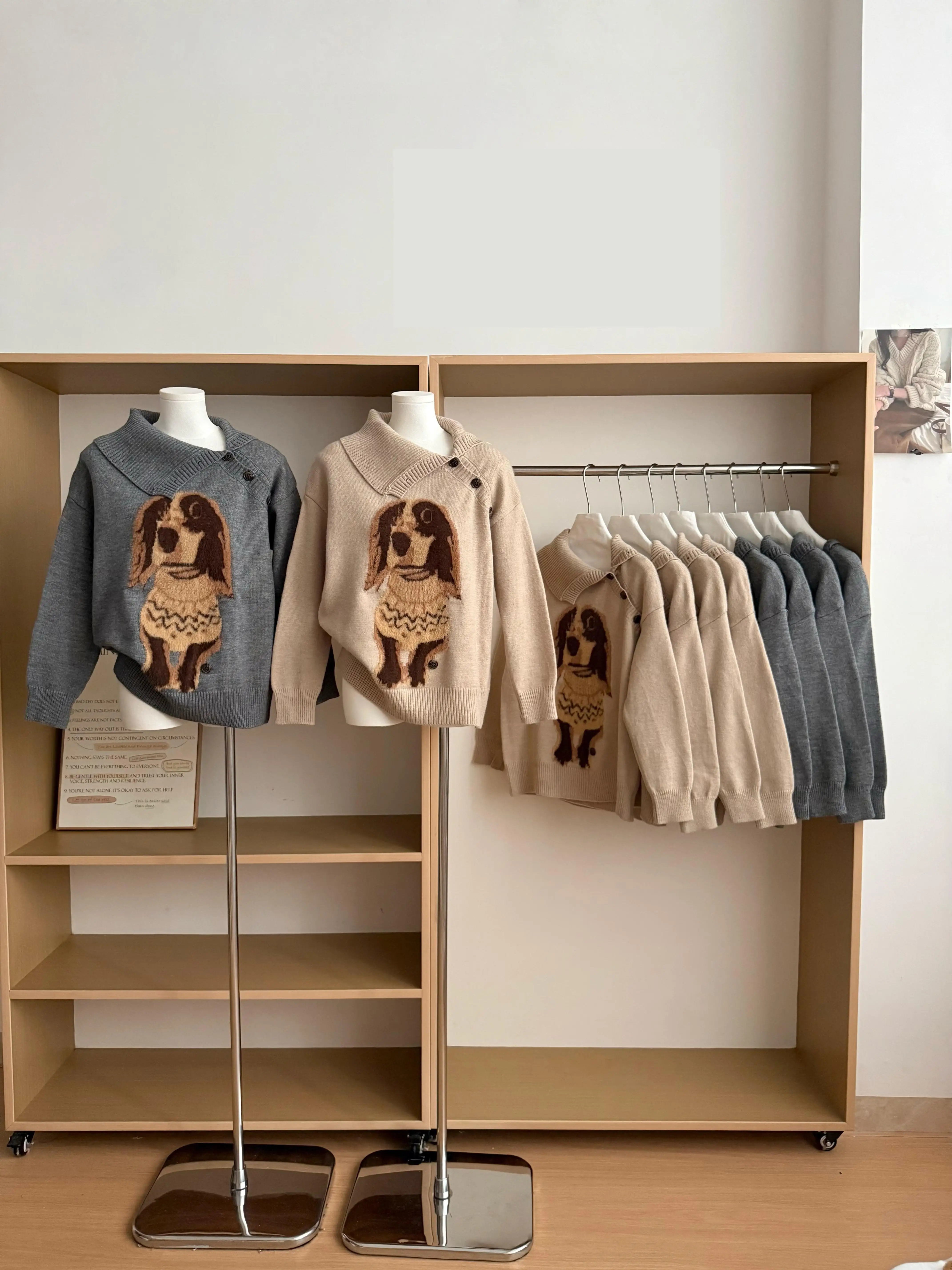 المرأة الخريف الشتاء لطيف الكلب نمط الياقة المدورة طويلة الأكمام فضفاضة سترة سيدة البلوز الحيوان نمط البلوز الأعلى #2